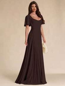 SHEIN BAE Spring/Summer Solid Apricot Square Neck Ruffle Sleeve A-Line Flare Maxi Dress - Coffee Brown - View 5