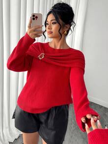 Elenzga Plus Size Metal Buckle Twisted Knit Pullover Sweater Winter - Red - View 6