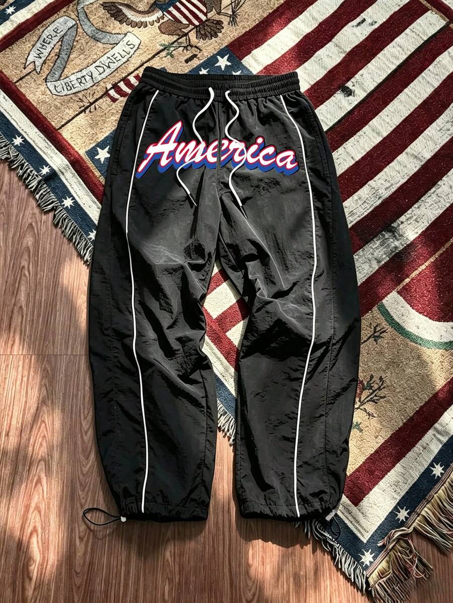 Gym Rark Pantalones largos casuales de uso diario y deportes para hombres con cintura con cordón y patrón de letras - Negro - Ver 1