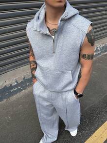 DAZY Autumn/Winter Thermal Lined Grey Hooded Sleeveless Half-Zip Sweatshirt And Elastic Waist Long Pants Men's Set - Grey - View 1