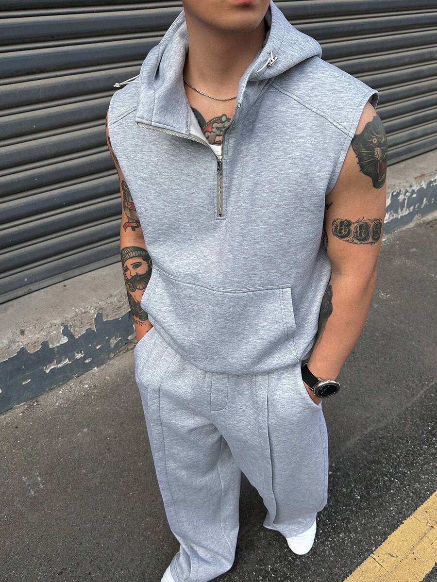 DAZY Autumn/Winter Thermal Lined Grey Hooded Sleeveless Half-Zip Sweatshirt And Elastic Waist Long Pants Men's Set - Grey - View 1