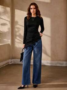 Selianne Cotton Black Lace Patchwork Asymmetrical T-Shirt, Slim Fit, Side Ruched, Round Neck, Long Sleeve, Minimalist Casual Elegant Autumn Night Out - Black - View 8