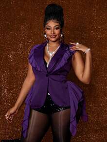 Maweii Blusa Feminina Plus Size Vintage Francesa Sem Mangas com Cintura Marcada, Patchwork, Chiffon, Babados e Cor Sólida - Roxo - Visão 1