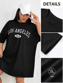 SHEIN EZwear 大碼字母圖案落肩T恤洋裝 女款 Y2K 風格寬鬆大號夏季洋裝 - 黑色 - 查看 8