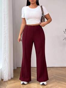 SHEIN EZwear 大尺碼女款素色簡約日常喇叭西裝褲，適合畢業季、返校季 - 酒紅色 - 查看 4