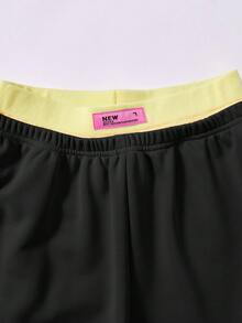 SHEIN 青少年女孩休閒百搭居家服 北歐風舒適針織圓領無袖短版背心 + 對比色雙腰帶運動長褲套裝 - 黑色 - 查看 5