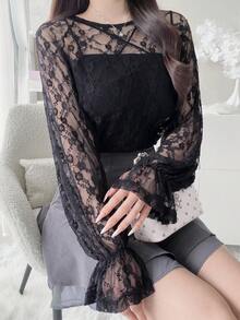 Dazy Tall 女款圓領喇叭袖蕾絲布料優雅襯衫 秋季 - 黑色 - 查看 6