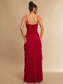 Silquee Mesh Pleated Hem Ruffle Cami Dress - Red - View 2
