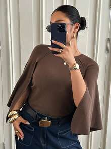 Dazy Plus Brown Loose Shawl Collar Business Casual Fashion Street Commute Elegant Pullover Sweater Fall - Brown - View 1