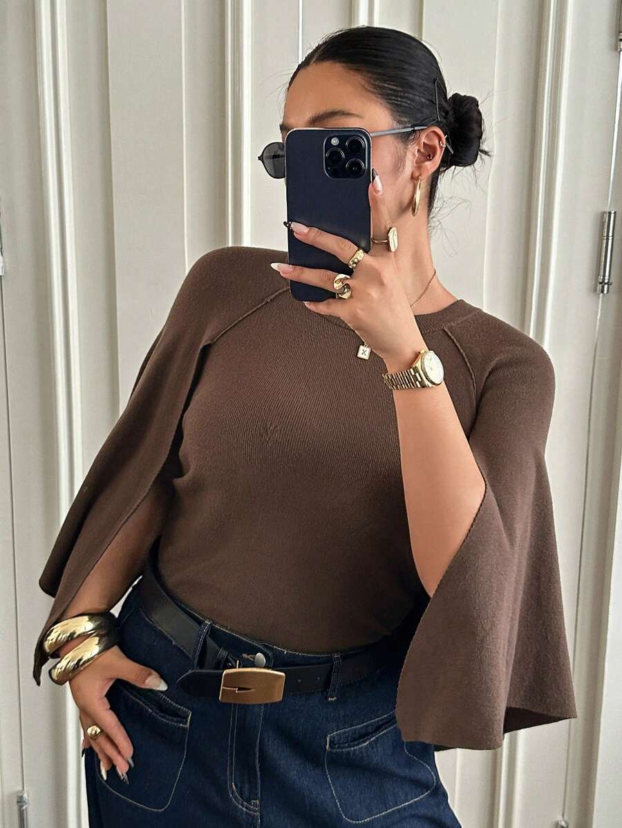 Dazy Plus Brown Loose Shawl Collar Business Casual Fashion Street Commute Elegant Pullover Sweater Fall - Brown - View 1