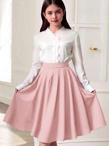 SHEIN 青少年女孩粉色極簡風百褶休閒長裙 - 粉色 - 查看 7