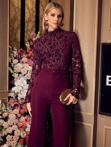 MOTF PREMIUM ELEGANT SLIMMING HOLLOW LACE PATCHWORK LONG SLEEVE WOMEN JUMPSUIT - Red Violet - View 3