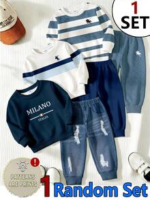 SHEIN 男嬰隨機條紋拼色 MILANO 字母馬匹印花圓領長袖衛衣與仿牛仔褲 2 件套秋季套裝 - 彩色 - 查看 1