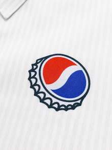 PEPSI X SHEIN PAVTROS 男士聯名街頭風短袖襯衫，休閒度假襯衫，寬鬆版型，藍白條紋趣味印花，適合街頭穿搭，夏季度假必備，送男友理想禮物 - 白色 - 查看 5