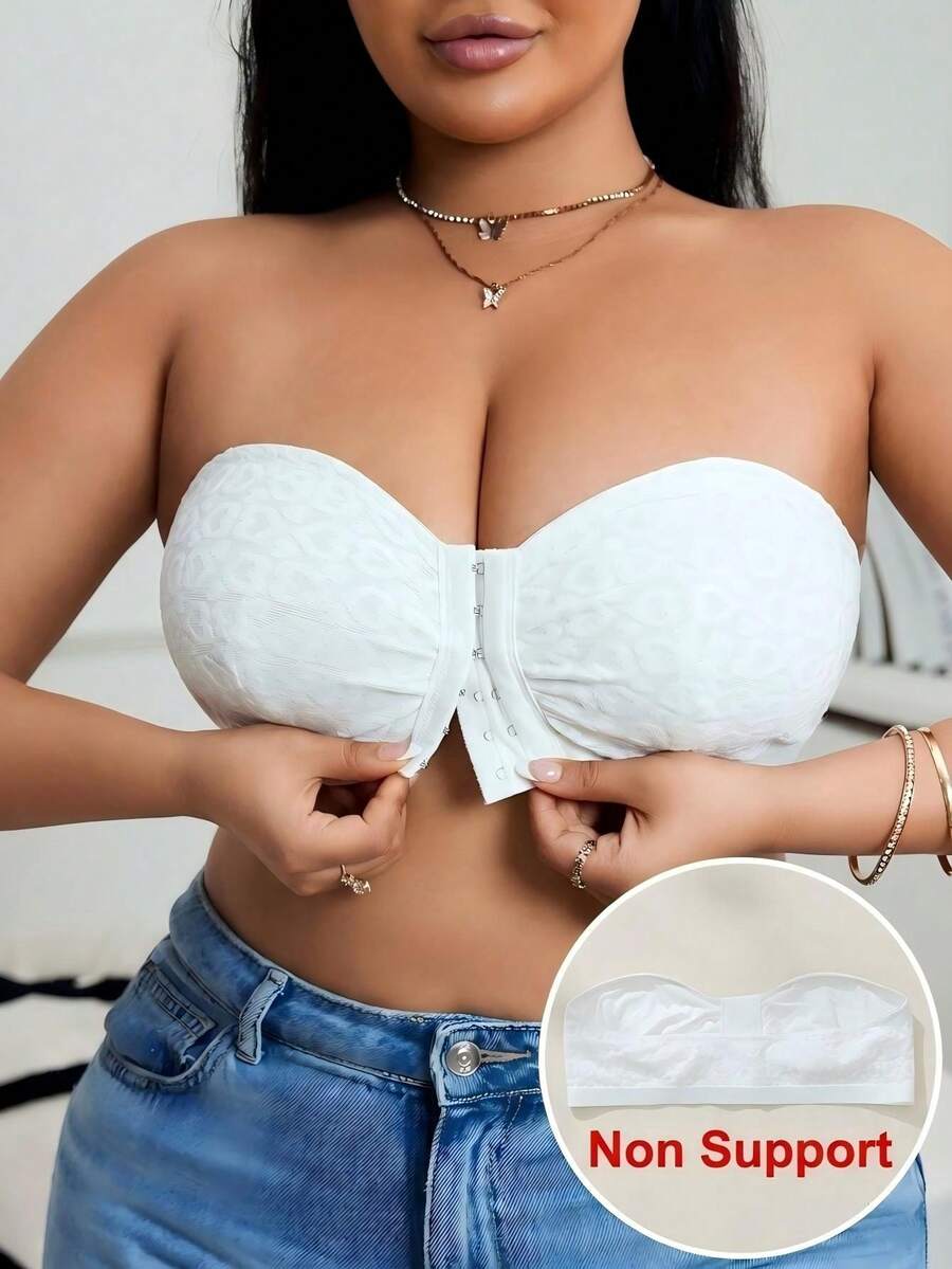 SHEIN Romantic Lace Front Button Strapless Bra - White - View 1