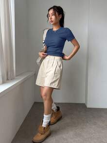 DAZY 女士修身纯色圆领短袖休闲 T 恤 - 霧霾藍 - 查看 7