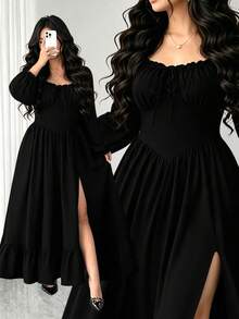 Elenzga Gaun Wanita Ukuran Plus Warna Hitam Polos Musim Semi/Gugur, Leher Persegi, Ruffle Elegan, Lengan Panjang Mengembang, Mempertegas Pinggang, Model A-Line, Belahan Bawah dengan Patchwork Ruffle, Cocok untuk Tamu Pernikahan, Wisuda, Liburan Pantai - Hitam - View 1