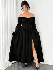 Elenzga Gaun Wanita Ukuran Plus Warna Hitam Polos Musim Semi/Gugur, Leher Persegi, Ruffle Elegan, Lengan Panjang Mengembang, Mempertegas Pinggang, Model A-Line, Belahan Bawah dengan Patchwork Ruffle, Cocok untuk Tamu Pernikahan, Wisuda, Liburan Pantai - Hitam - View 7