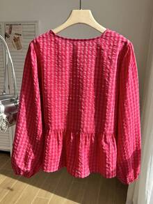 Comfortcana Plus Size Plaid Minimalist Tie-Front Ruffle Hem Blouse Fall - Watermelon Pink - View 2
