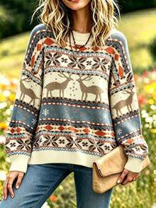 Selamara Sweatshirt Kasual Lengan Panjang Wanita Motif Rusa Kerah Bulat Bahu Longgar - MultiWarna - View 1