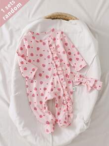 SHEIN Vintaside Kids 3套隨機發送1套，2件裝新生女嬰居家服，可愛草莓愛心櫻花印花女嬰荷葉邊長袖連身連腳褲附髮帶 - 粉色 - 查看 8