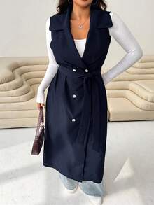 Solflare Navy Blue Casual Women's Plus Size Trench Coat Fall - Navy Blue - View 6