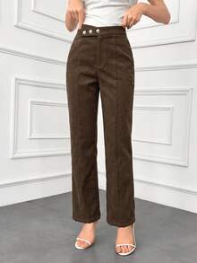 Modelyn Women's Solid Minimalist Basic Button Front Pants In Fall/Winter - Coffee Brown - View 6