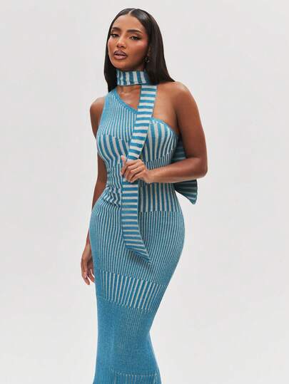 NYA SZN Knit Maxi Dress Scarf One Shoulder Striped Split Hem Elegant Birthday Party Brunch Beach Vacation Blue Beige Outfits For Women