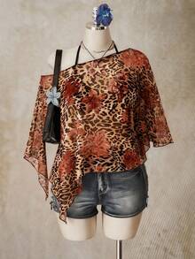 SHEIN ICON Plus Size Women's Leopard & Floral Print Asymmetrical Shoulder Asymmetrical Hem Mesh Top - Multicolor - View 3