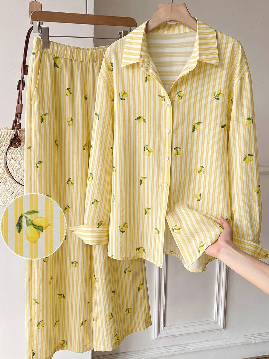 SHEIN EZwear 大尺碼條紋檸檬印花單排扣襯衫與口袋長褲兩件套 - 黃色 - 查看 1