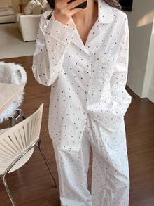 Dazy Tall Women's Polka Dot Blouse And Loose Long Pants Casual 2 Pieces Set Fall - White - View 10