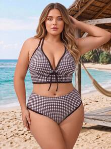 SHEIN CURVE+ 2026新款大尺碼女款兩件式幾何印花比基尼套裝，藍色夏季1920年代海灘度假風 - 棕色 - 查看 3