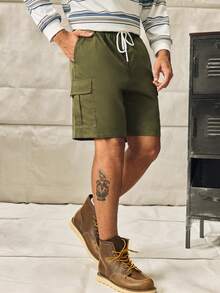 Norleigh Men's Plain Casual Color Drawstring Waist Streetwear Cargo Shorts - Army Green - View 8