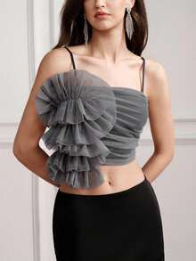 BELROSIE Summer New Grey Mesh Layered Ruffle 3D Floral Asymmetrical Pleated Design Short Camisole Tank Top For Women Elegant Sexy French Vintage Romantic Party - Grey - View 6