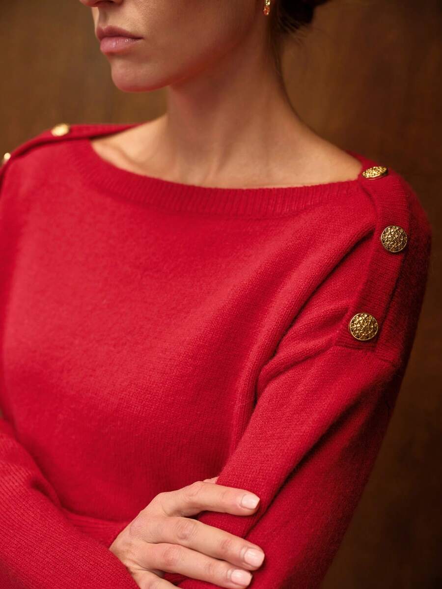 MOTF PREMIUM WOMEN'S ROUND NECK BUTTON DECOR LAZY KNIT SWEATER - Red - View 2