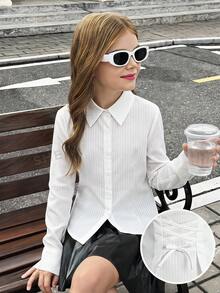 SHEIN 兒童青少年女孩優雅正式純白色長袖襯衫，綁帶收腰上衣，返校季校園正式秋季穿搭 - 白色 - 查看 13