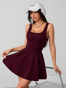 SHEIN PETITE 女款無袖下擺口袋短褲黑色連身褲 - 中紫紅色 - 查看 5