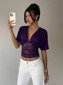 Aloruh Women's Spring/Summer Sexy Deep V-Neck Loose Top With Ruched Waist And Lace Patchwork T-Shirt - Purple - View 6