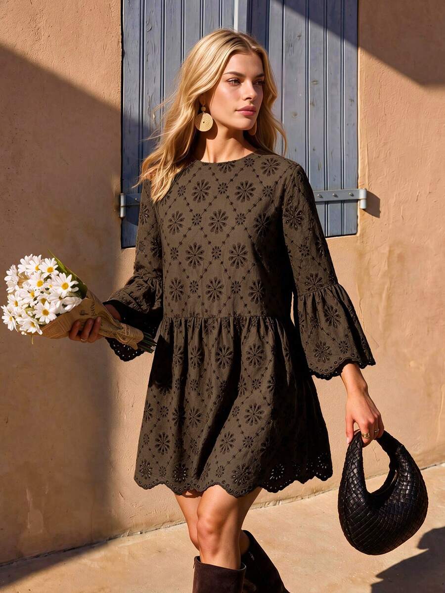 Vivid Eden Women's Embroidered Bell Sleeve Casual Boho Vacation Dress, Dark Chocolate Dress Vacation Autumn Winter Brunch Vacation - Brown - View 1