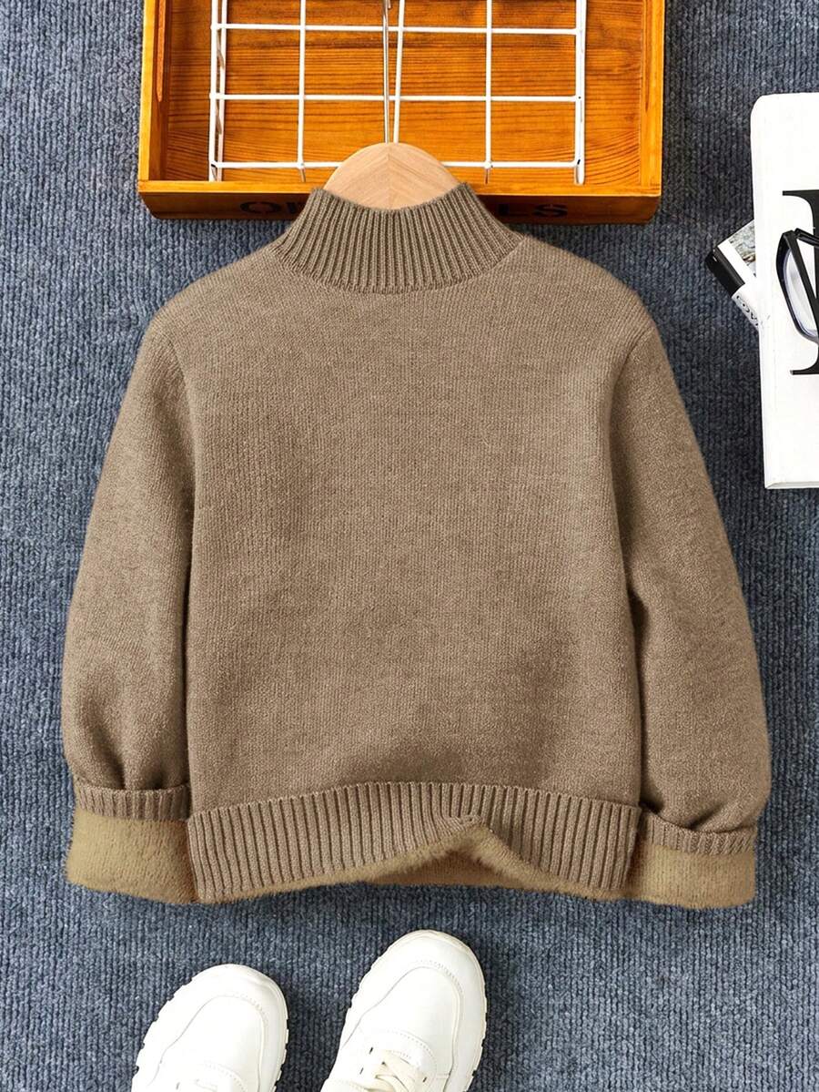 SHEIN 兒童青少年男孩秋冬立領長袖保暖內裡休閒毛衣 - 卡其色 - 查看 1