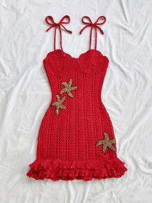 Soleia 女款度假風海星裝飾刺繡雙層荷葉邊下擺針織洋裝，適合約會與下午茶 - 紅色 - 查看 4