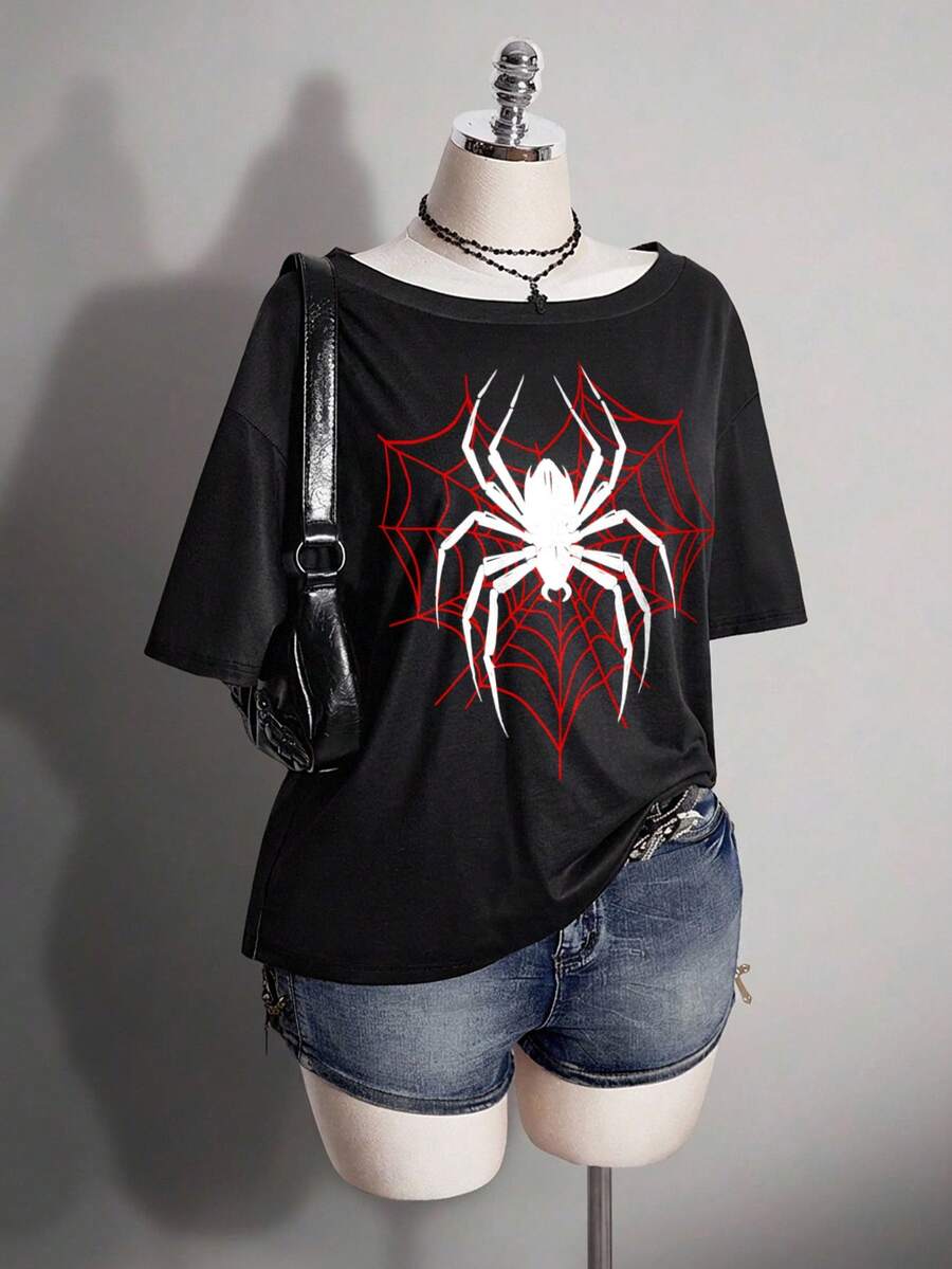 SHEIN ICON 大尺碼女款復古龐克 Y2K 派對蜘蛛網蜘蛛黑紅圖案 90s Y2K 十字圖案 T 恤 - 黑色 - 查看 1