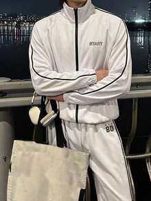 DAZY Spring/Autumn White Side-Seam Contrast Tape Letter Print Pants Elastic Waist Men's Jacket Set - White - View 8