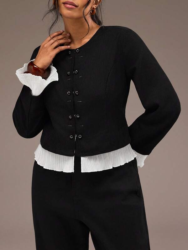 Freevana Women's Vintage Black Corduroy Ruffle Trim Long Sleeve Stand Collar Button Down Cropped Jacket