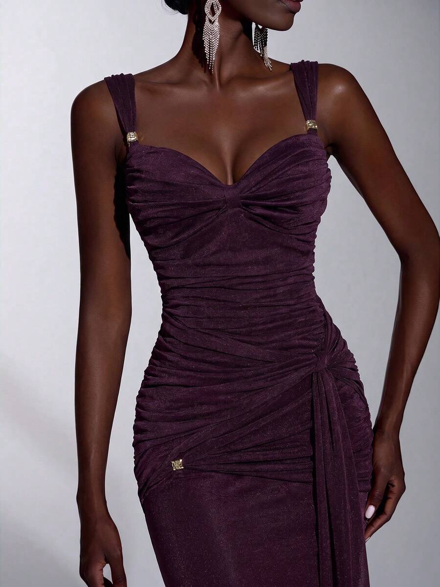 Elitara Elegantes luxuriöses glänzendes feines Glitzer-Mesh-Abendkleid mit Herz-Ausschnitt, Spaghettiträgern, Metallverzierung, Taillen-Twist, seitlich drapiertem Volant, stark verziert, geeignet für Date, Urlaub, Junggesellinnenabschied, Hochzeit und Event - Dunkelviolett - Übersicht 1