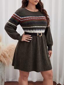 SHEIN Frenchy Plus Size Autumn/Winter Casual Geometric Pattern Knit Dress - Army Green - View 3