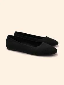 CUCCOO BASICS Women Black Knit Round Toe Flats Comfortable Slip On Ballet Shoes Fall Shoes - Black - View 4
