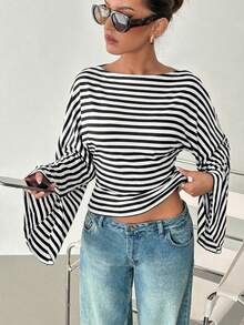 Siren Gaze Women's Striped Casual Versatile Long Sleeve T-Shirt For Daily Wear - Black and White - View 6