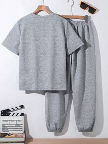 SHEIN 青少年男孩 2件組休閒基礎款灰色紋理布料短袖T恤與長褲，適合返校與外出穿著 - 灰色 - 查看 3