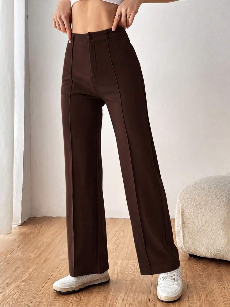 SHEIN EZwear بنطلون بدلة مستقيم بلون موحد للنساء في فصل الخريف/الشتاء - بني - مشاهدة 1